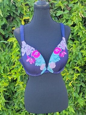 Cacique Boost Plunge  Navy Bra with Pink and Aqua Floral Print 40D